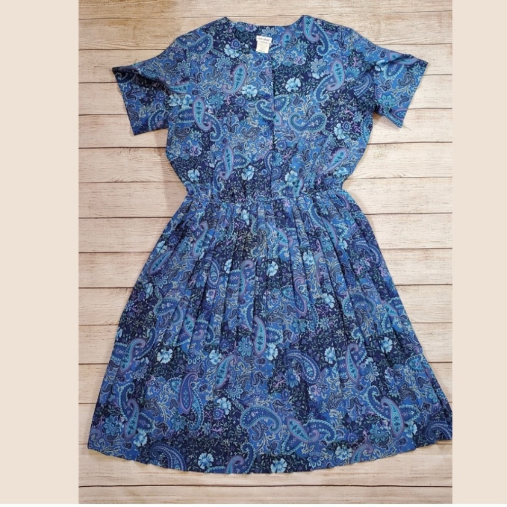 Vintage Vickie Wayne Paisley Blue Pleated Dress 16